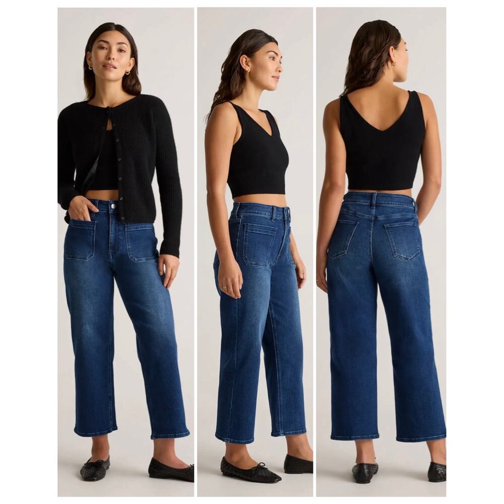 Quince Bella Stretch Patch Pocket High Rise Cropped Wide Leg Jean Midnight 30x28 - Picture 2 of 12